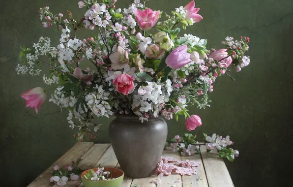 Cherry, spring, tulips, vase, hellebore