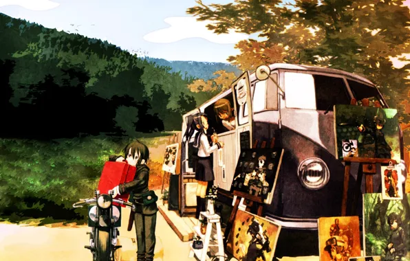 Children, box, motorcycle, pictures, exhibition, bus, art, kino no tabi