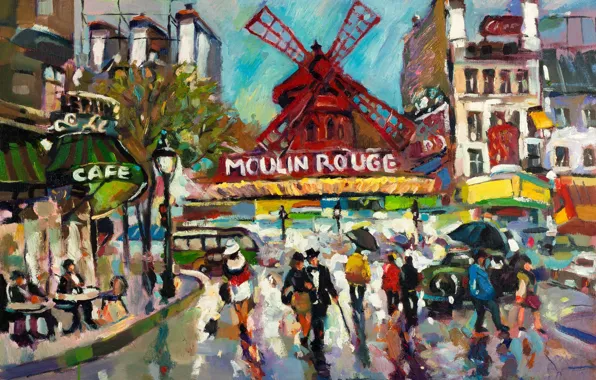 Picture the city, people, rain, paint, France, Paris, modern, picture