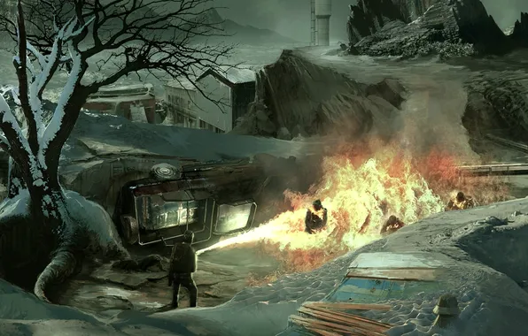 Picture machine, snow, people, tree, flame, building, flamethrower