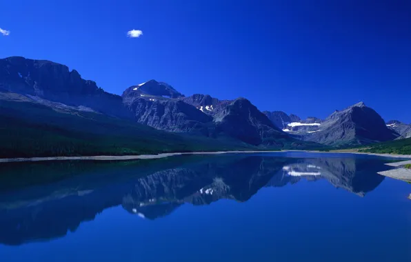 Picture the sky, grass, water, mountains, reflection, shore