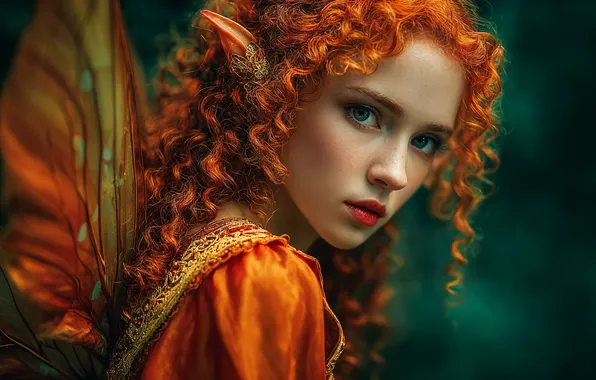 Look, girl, portrait, wings, fantasy, elf, curls, redhead