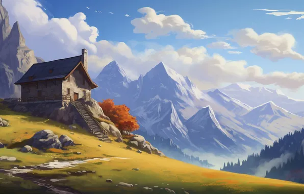 Field, autumn, forest, the sky, snow, mountains, fog, house