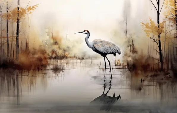 Autumn, trees, fog, lake, pond, reflection, bird, shore
