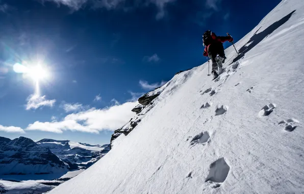 The sun, snow, mountains, traces, ski, Canada