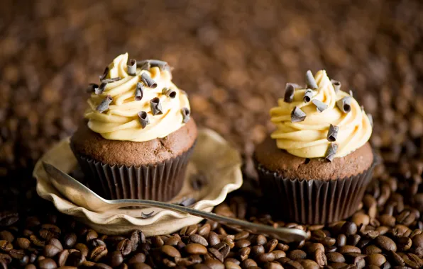 Spoon, coffee beans, cupcakes