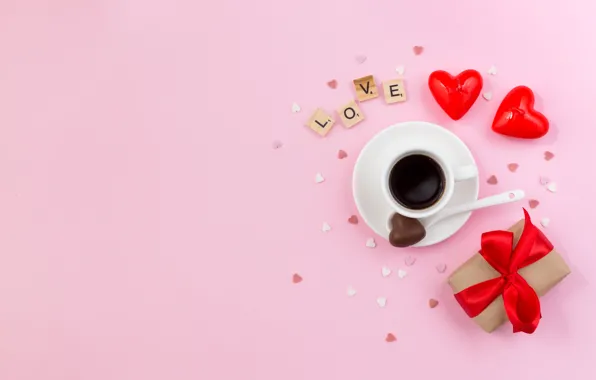 Gift, coffee, Cup, hearts, Valentine's day, Marhary Takovalenko