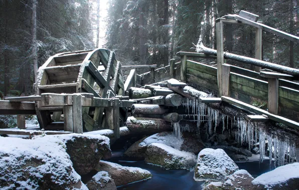 Winter, forest, stones, icicles, river, water mill, frozen