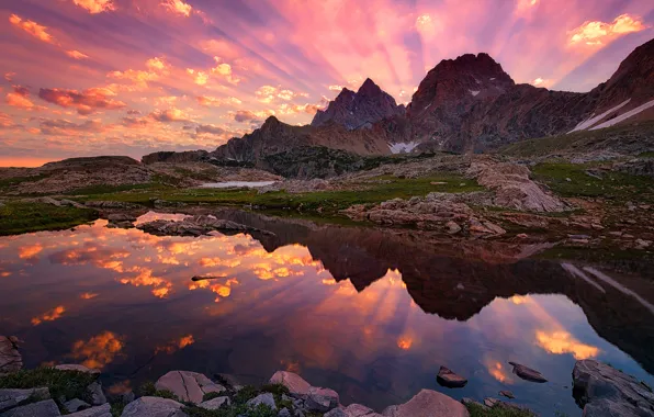 The sky, rays, sunset, mountains, lake