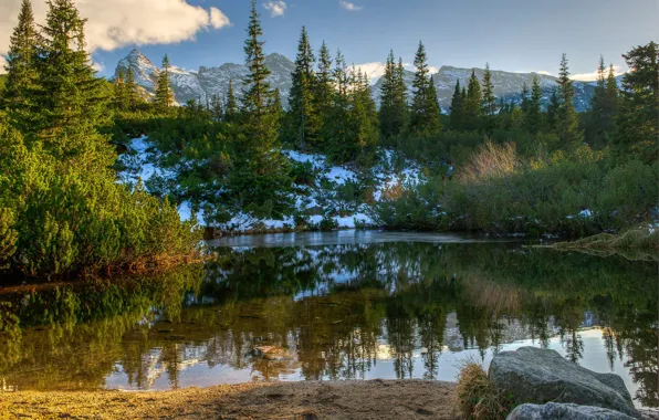 Snow, trees, landscape, mountains, nature, pond, stones, ate