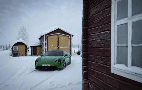 Picture snow, house, wall, Porsche, green, structure, 2020, Taycan