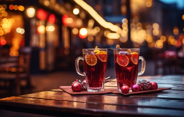 Winter, light, snow, lights, table, street, ice, oranges