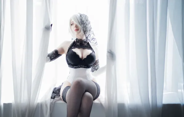 Light, window, light, black stockings, big Breasts, Nier, cosplay, window
