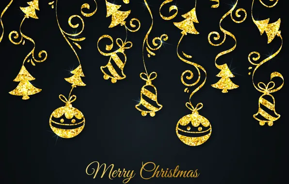 Decoration, gold, pattern, New Year, Christmas, golden, black background, Christmas