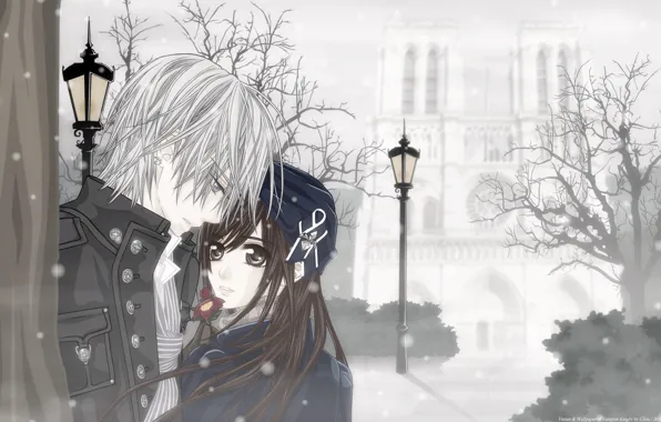 Winter, girl, snow, flowers, anime, vampire, guy, two