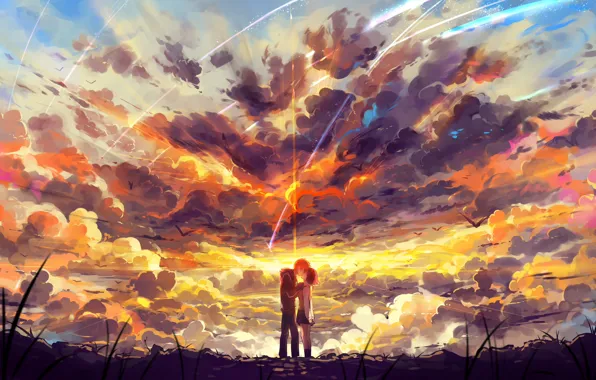 Picture the sky, girl, clouds, sunset, birds, kiss, anime, art