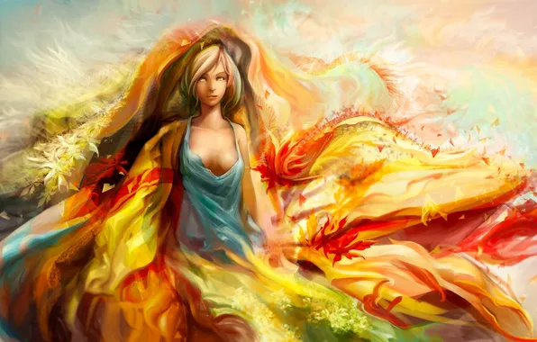 Girl, flowers, abstraction, Art, art by Takaya