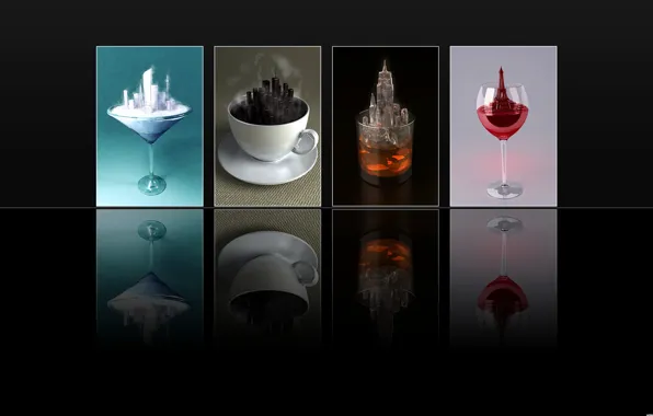 Picture glass, reflection, tea, glass, coffee, ice cream, black background, drinks