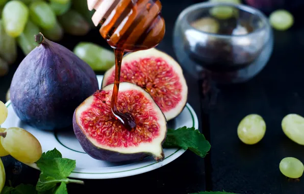 Picture leaves, berries, Board, plate, grapes, fruit, honey, mint