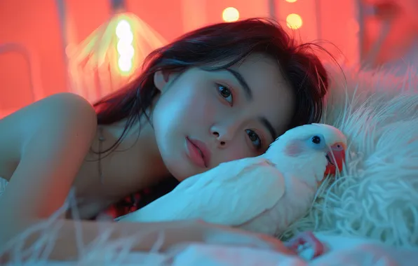 White, look, girl, lights, pose, bird, portrait, brunette
