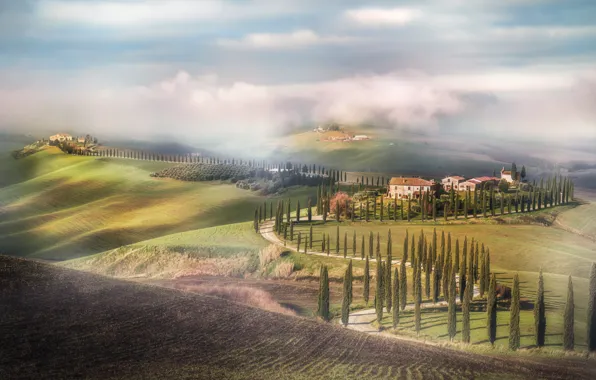 Hills, view, Italy, houses, Tuscany