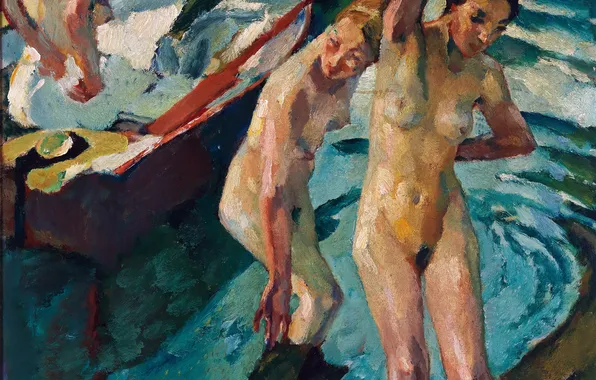 Water, Girls, Picture, Three, Bathers, Leo Putz, Leo Putz, Naked