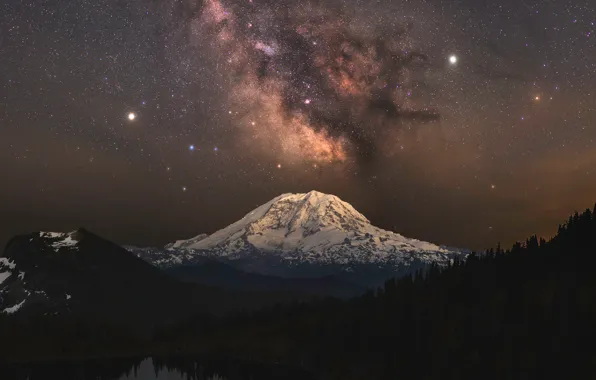 Picture forest, space, stars, trees, mountains, night, lake, Milky Way