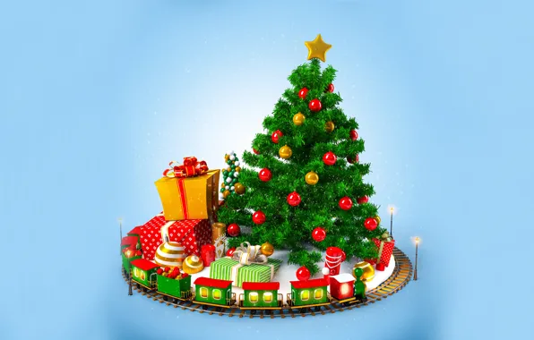 Decoration, toys, tree, doll, balls, Train, gifts, New year