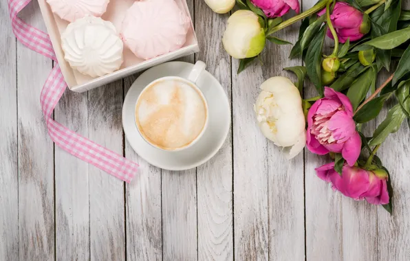 Coffee, buds, pink, flowers, romantic, peonies, marshmallows, peonies