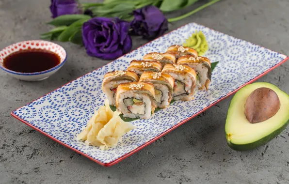 Picture flowers, Sushi, sauce, Avocado