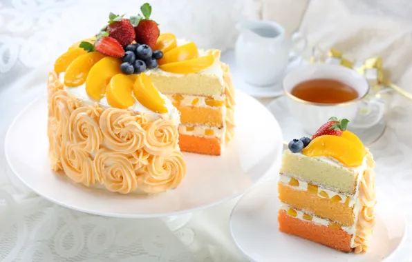 Tea, strawberry, cake, layers, peach, cream, blueberries