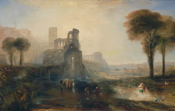 Trees, landscape, people, picture, the ruins, William Turner, Caligula's Palace and Bridge