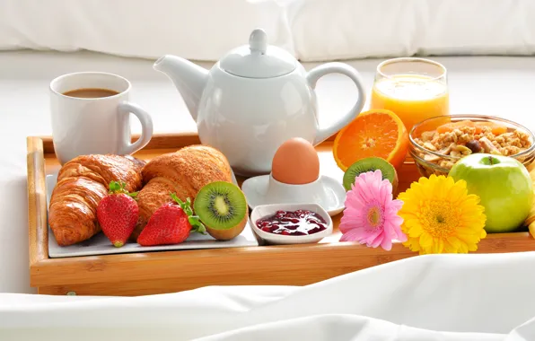 Coffee, juice, fruit, cereal, jam, croissants, Breakfast in bed