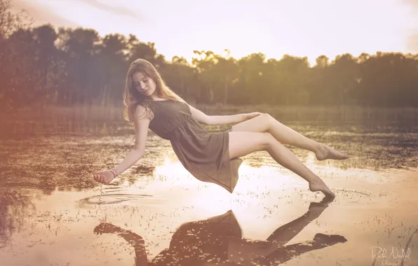 Girl, lake, reflection, morning, brown hair, levitation