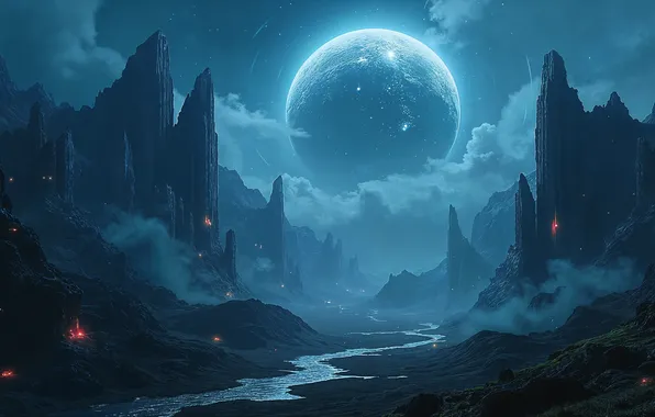 The sky, clouds, mountains, night, fog, river, rocks, planet