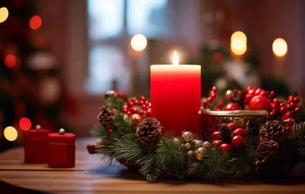 Balls, lights, candle, Christmas, New year, wreath, bumps, bokeh