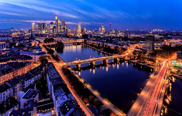 Lights, river, building, Germany, panorama, bridges, night city, Germany