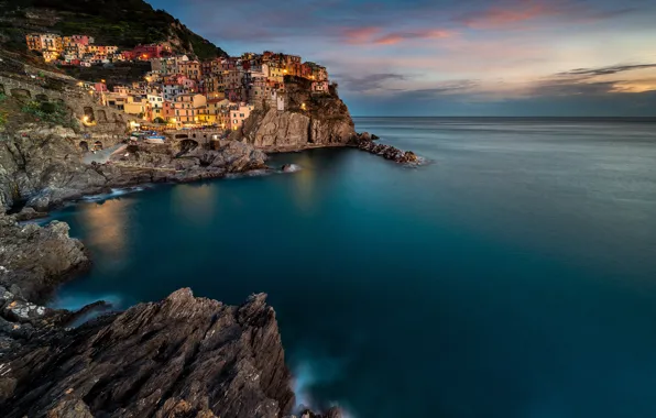 Sea, clouds, the city, lights, rocks, coast, view, home