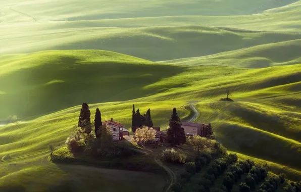 Hills, field, Italy, houses, Tuscany