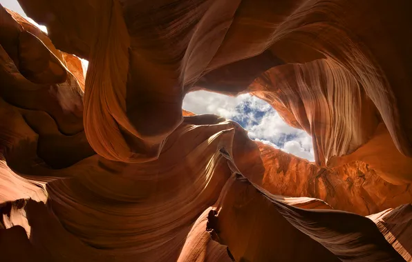 The sky, clouds, nature, rocks, relief, bottom view, canyons