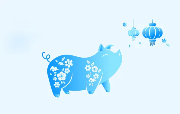 New year, pig, flowers