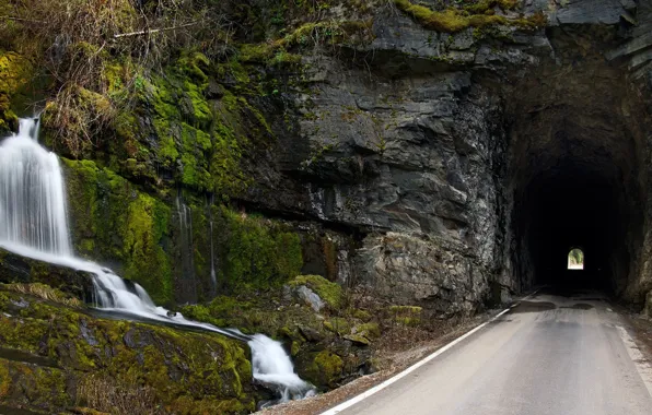 Road, rock, photo, waterfall, the tunnel