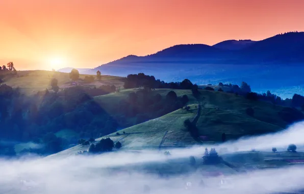 Picture the sun, fog, dawn, hills, morning