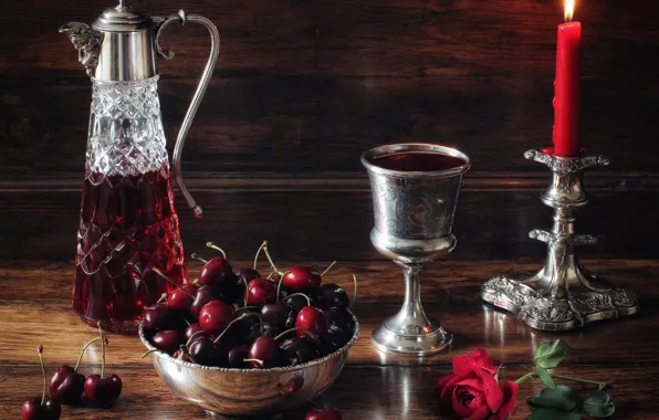 Flower, style, berries, wine, glass, rose, candle, still life