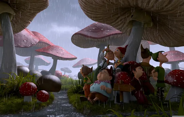 Rain, mushrooms, cartoon, Amanita, dwarves, adventure, The 7th dwarf, The 7th dwarf