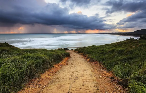 Road, sea, sunset, clouds, shore