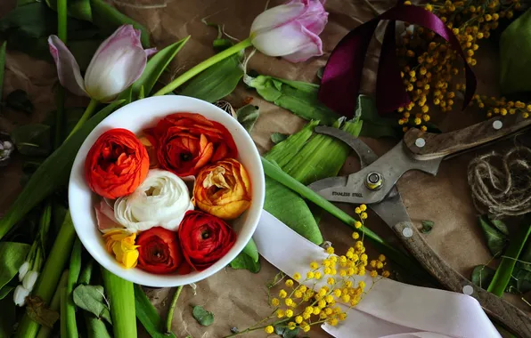 Flowers, tulips, buttercups, pruner