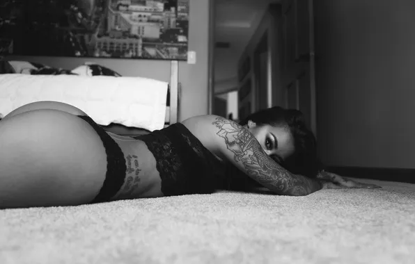 Ass, ass, girl, face, body, tattoo, black and white