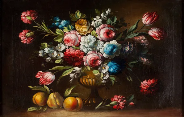 Picture flowers, bouquet, vase, fruit, still life