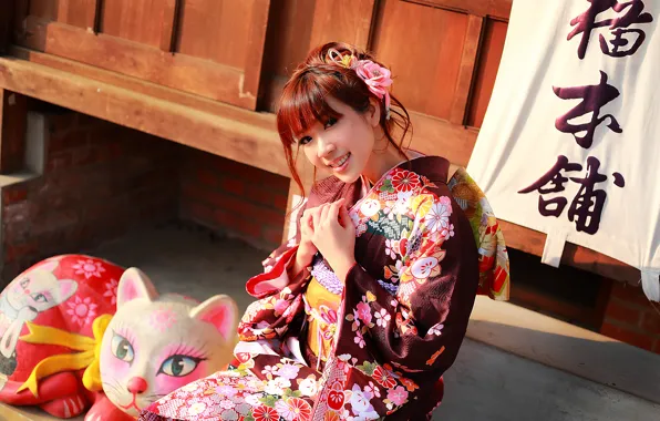 Picture look, girl, face, smile, style, clothing, kimono, Asian